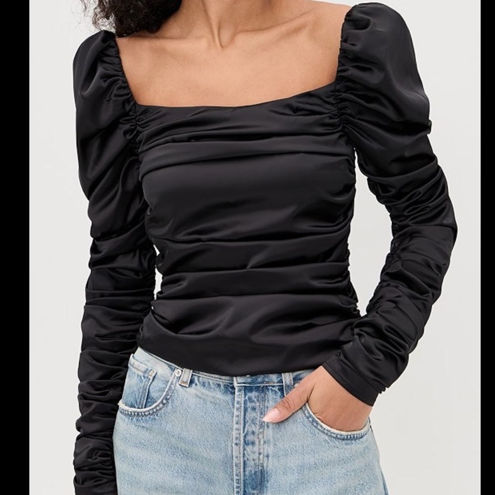 Caroline Constas Black Satin Ruched Blouse